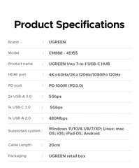 UGREEN Uno USB C HUB Type-C to 4K60Hz 2K120Hz HDMI 1000Mbps RJ45 PD100W USB-A/C 3.0 Splitter for Laptop MacBook HP Dell Docking