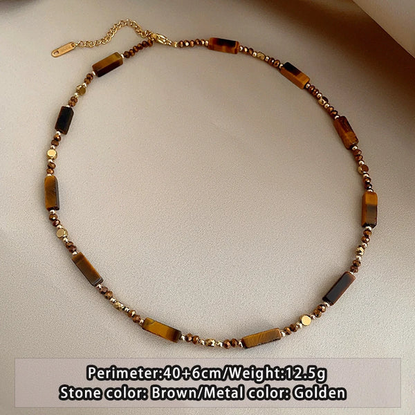 Retro Temperament Layered Tiger Eye Stone Pendant Necklace Stainless steel Double-Layer Chain Sets Jewelry