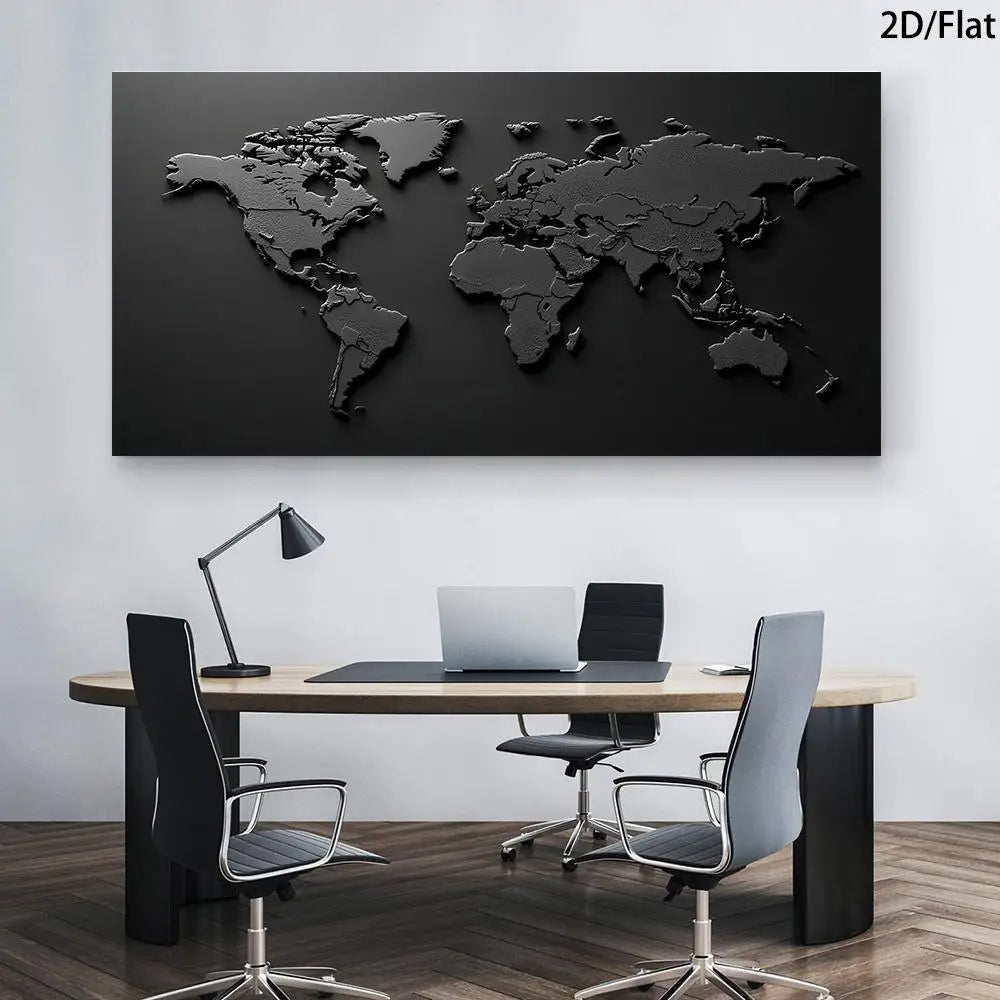 1 Modern Abstract Relief World Map Mural - Black and White Printed Canvas Poster for Living Room and Bedroom Decoration, 2D Flat