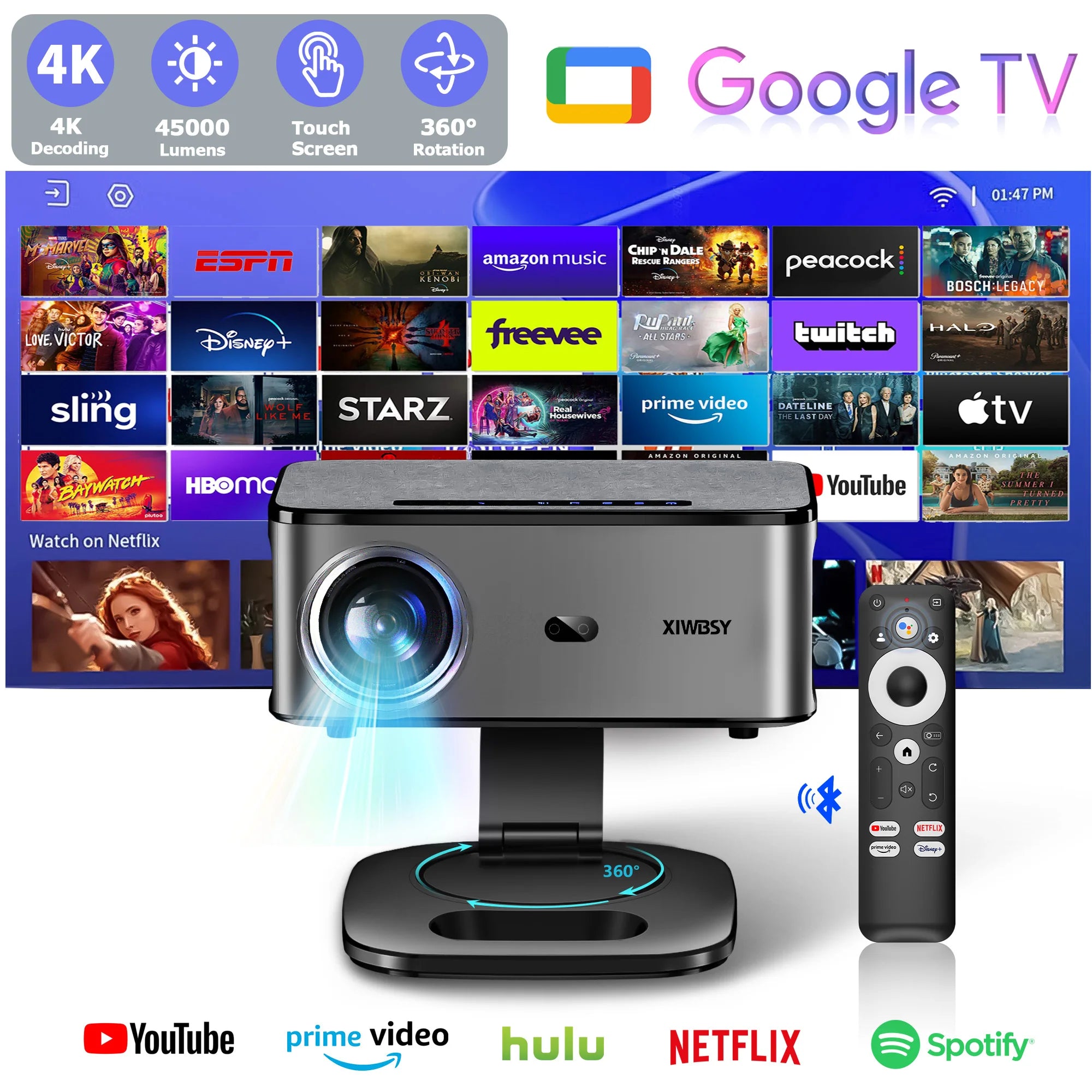 XIWBSY 45000Lumens Google TV Projector Portable Projector 4K Android 14.0 Daylight Projector 8K Video Home Theater  Projector