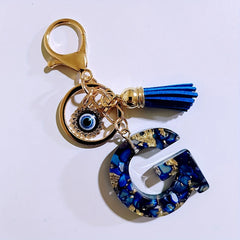 Blue Resin Initial Keychain - Evil Eye Letter Charm with Rhinestones & Tassel, Stylish Gift for Women, Lobster Clasp Accessory