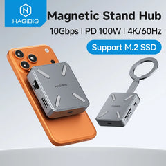 Hagibis Magnetic Stand USB C Hub With 2230 SSD Enclosure Type-C Hub SD/TF 4.0 4K@60Hz HDMI Gigabit Ethernet for iPhone 17 Pro 16
