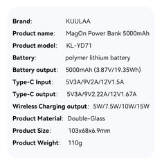 KUULAA Magnetic Power Bank 5000mAh Slim Wireless External Battery 20W Fast Charging for MagSafe Powerbank for iPhone 16 15 14 13