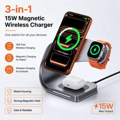 Wireless Charger Stand Metal Shell Magnetic 15W Fast Charging Station Stand for iPhone 12-17 Mobile Phones  Airpods Watch 4 in 1