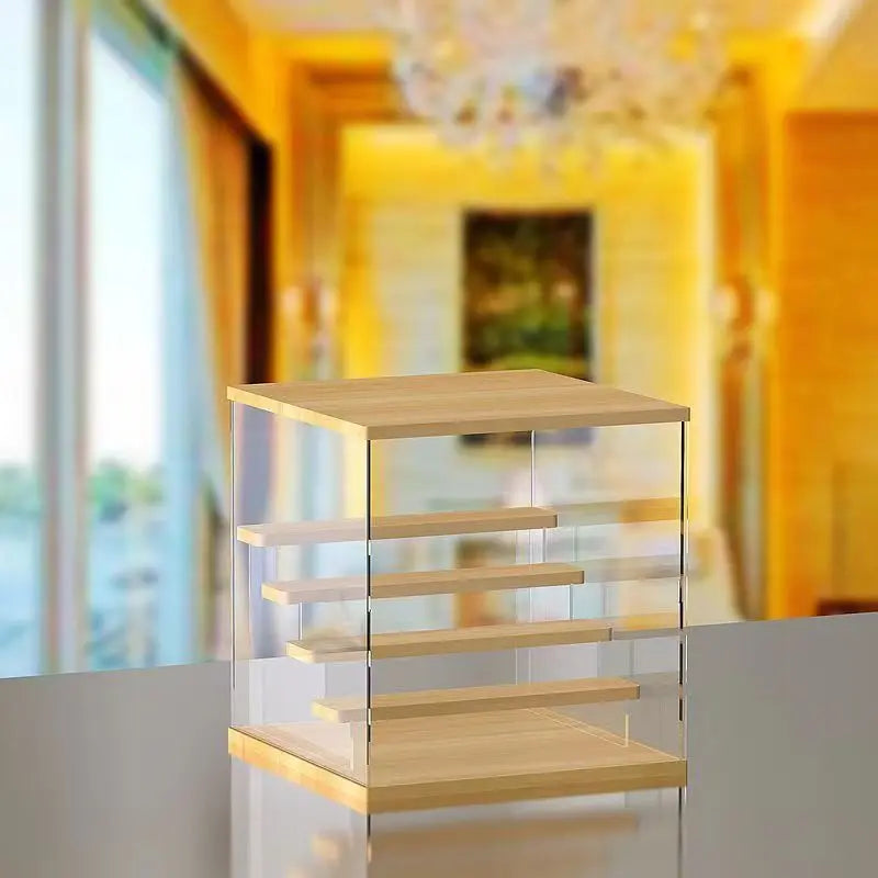 Clear Acrylic Figure Display Cabinet With Solid Wood Step Stand for Blind Box Toy, Cosmetic, Souvenir Display Box With Light Kitchen & Dining Furniture