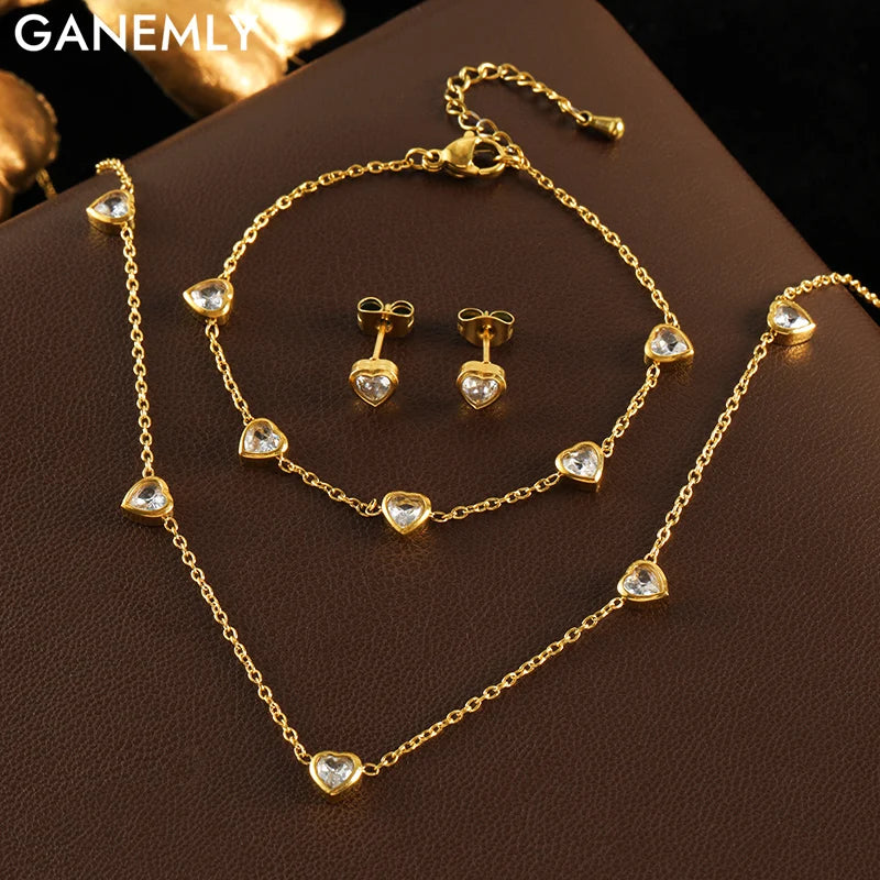 GANEMLY 316L Stainless Steel Heart Zircon Jewelry Set – Waterproof Luxury