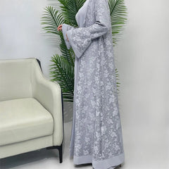 Women Muslim Arab Islamic Ramadan Two-piece Set  Belt Embroidery  Dress Kaftan Long Sleeves Open Stitch Cardigan