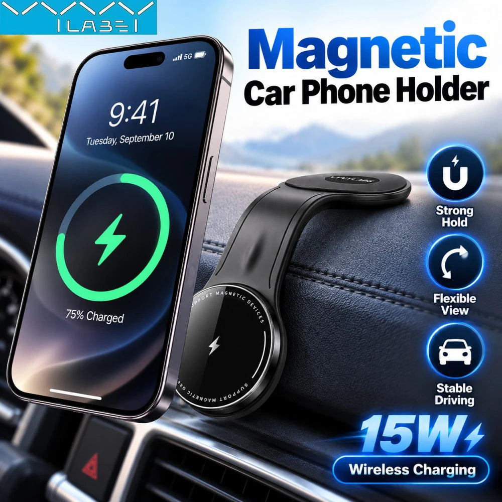 Vyvylabs Magnetic Car Phone Holder 15W Wireless Charger Bendable Car Phone Mount for iPhone 12-18 Stand Dashboard Center Console