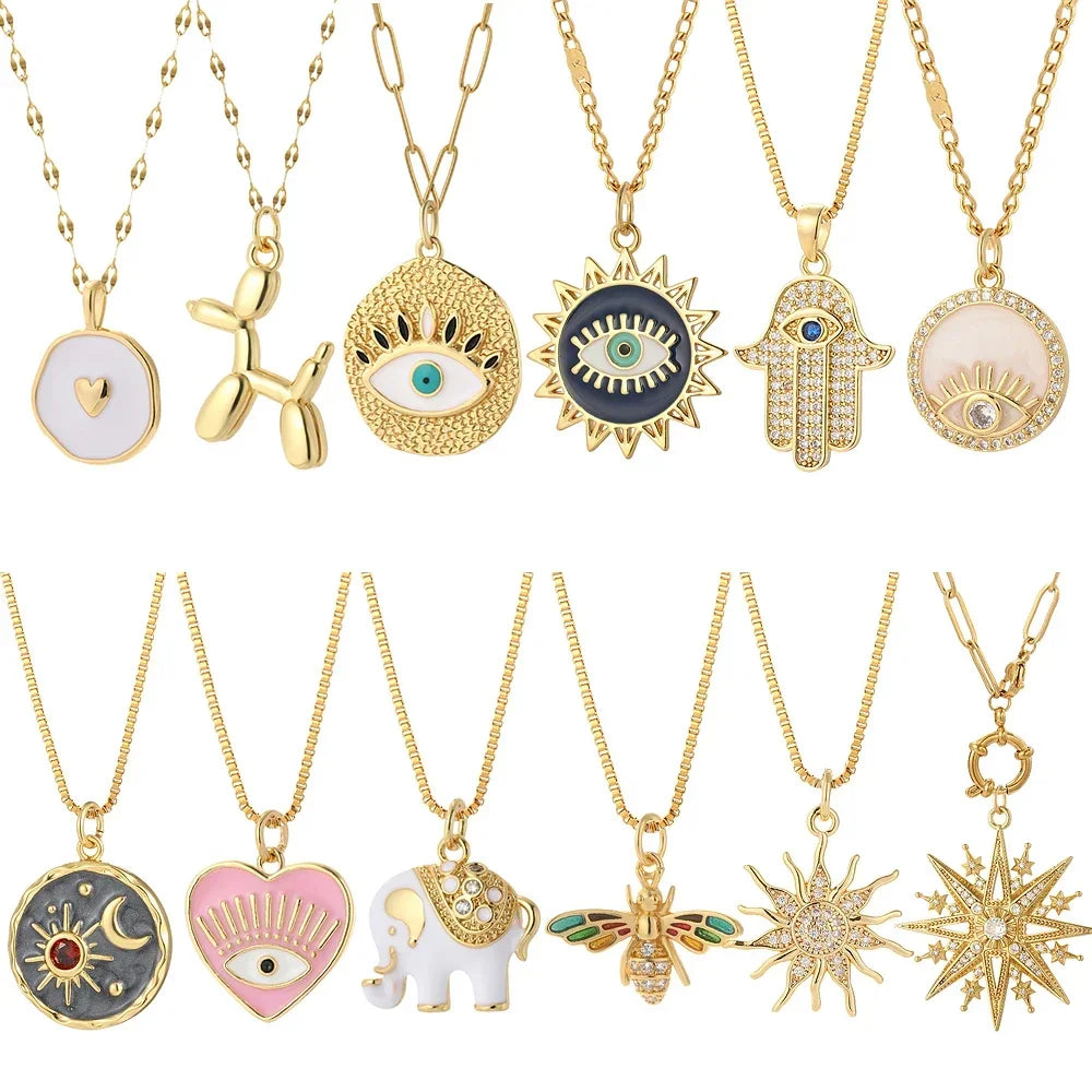 Heart Evil Blue Eye Sun Necklace for Women Cute Dog Bee Elephant Gold Color Pendant Long Stainless Steel Chains