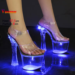 17.5CM Extreme High Heels Glowing Platform Clear Heels Nightclub Sandals For Women Transparent PVC Fashion Model Catwalk Shoes