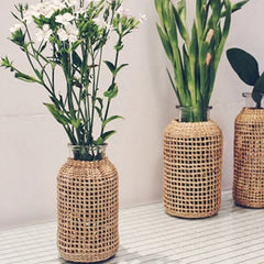 Vintage Rattan Vase Hand Woven Wicker Flower Pot Glass Bouquets Holder Vases Wedding Party Dining Table Centerpiece Decor