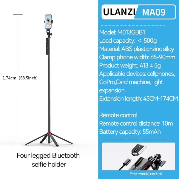 Ulanzi MA09 1.74m Selfie Stick Tripod for iPhone 17 15 Android Phone w Remote Control Panoramic Ball Head Holder U200 VL49 Kit