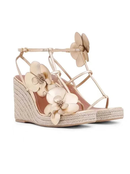 Fashion Flower Platform Wedges Sandals T Strap Open Toe Runway 2026 Summer Women Dress Shoes Braided Shoes