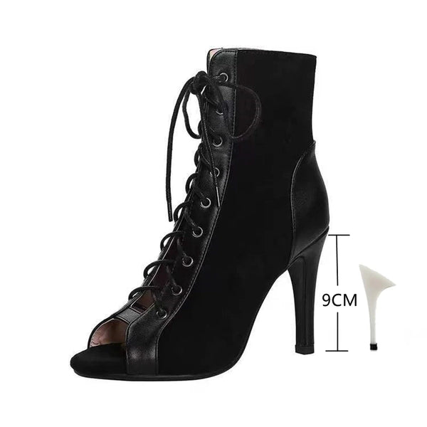 Lace-Up Sandals Heels 9CM Women's Shoes Summer 2024 Trend Black Sexy Peep Toe Boots Fashion Cloth Stilettos Jazz Dance Female