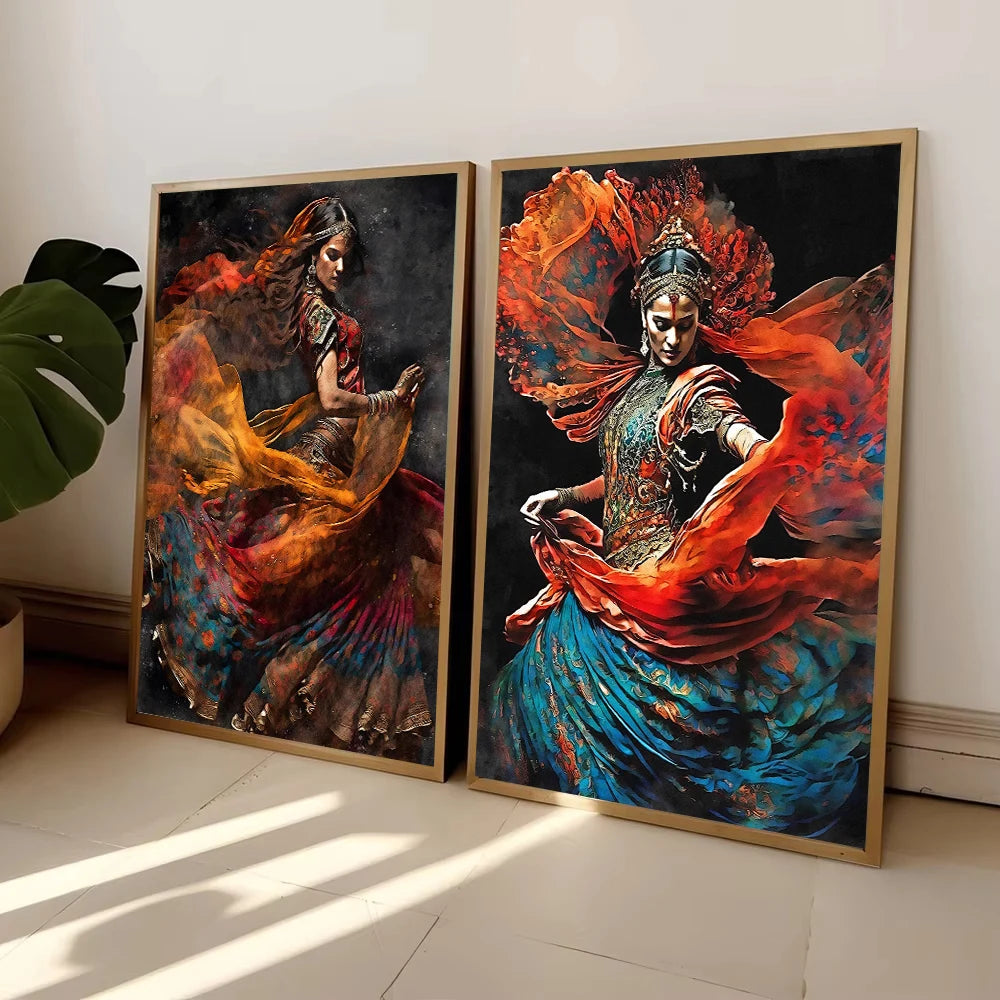 Indian Woman Folk Dance Poster Ethnic Girls Canvas Painting Print Wall Art Pictures for Living Room Home Decor Cuadros