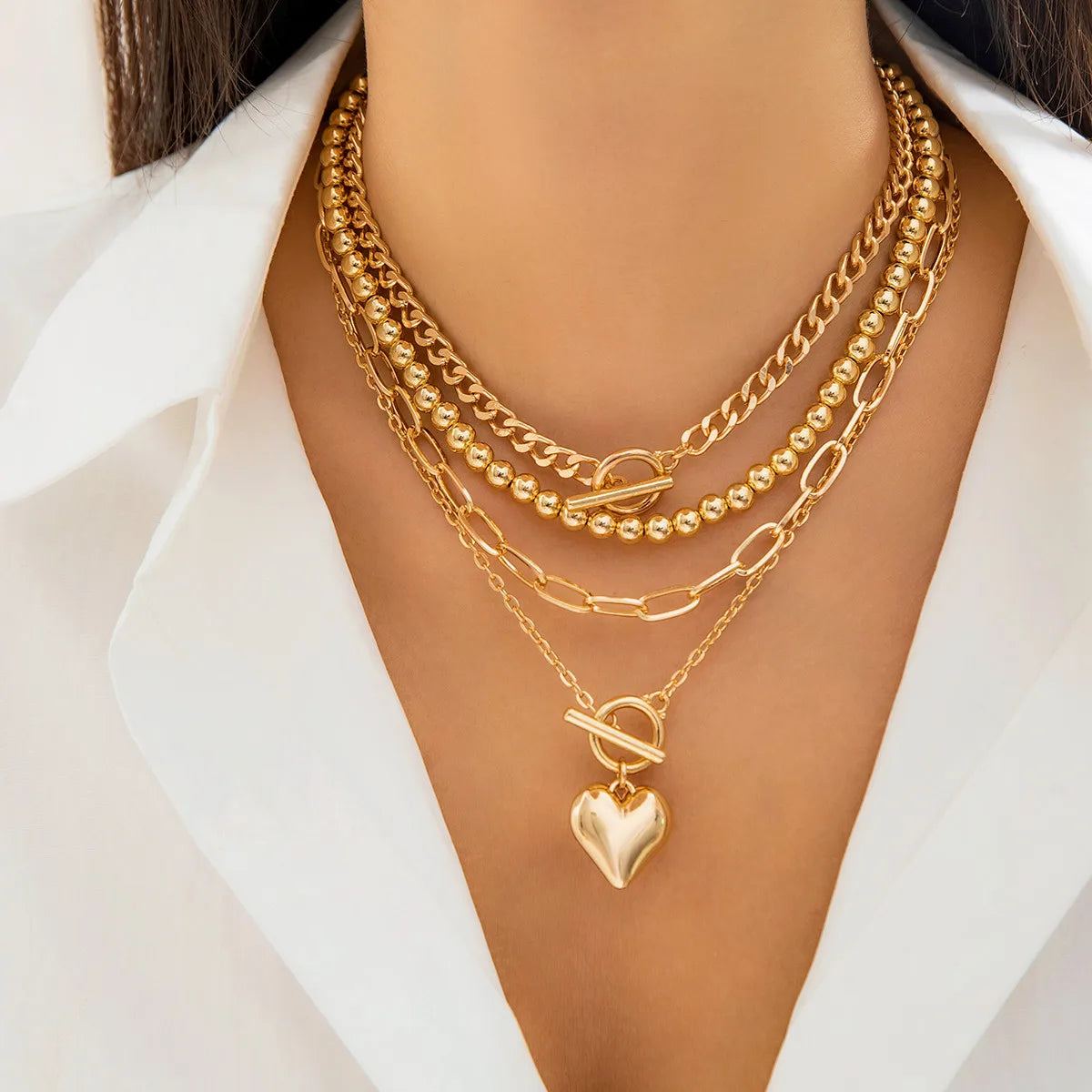 4Pcs/Set Punk Gold Color Heart Pendant Necklace Trendy OT Buckle Beaded Neck Chain Choker Y2K Jewelry Accessories