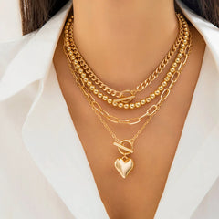 4Pcs/Set Punk Gold Color Heart Pendant Necklace Trendy OT Buckle Beaded Neck Chain Choker Y2K Jewelry Accessories