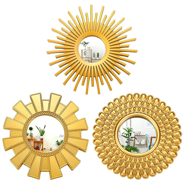 3PCS Golden Frame Decorative Mirror Sun Shaped Hanging Mirrors Wall Decor Living Room Background Mirror Home Decorations