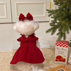 Puppy Bow Knot Dress Set Winter Warm Dog Clothes Pet Christmas Princess Dress Teddy Solid Color Skirt Send Clip Pet Shop Pet Clothing