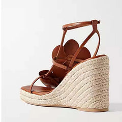 Fashion Flower Platform Wedges Sandals T Strap Open Toe Runway 2026 Summer Women Dress Shoes Braided Shoes