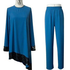 Ramadan 2 Piece Set Muslim Women Turkey Asymmetry Abaya Blouse Wide Leg Pants Kaftan Eid Suits Islamic Clothes Djellaba Musulman