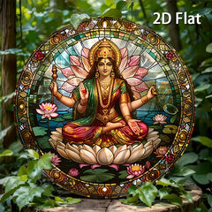 A statue of an Indian goddess sitting on a lotus throne sign,serene and sacred image,ideal spiritual space decoration,room décor