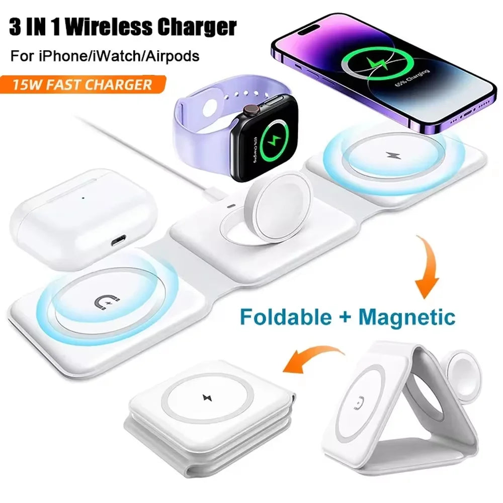 3 in 1 Magnetic Wireless Charger Pad for iPhone 16 15 14 13 Pro Max Apple Watch 9 8 AirPods Chargers Fast Charging Dock Station