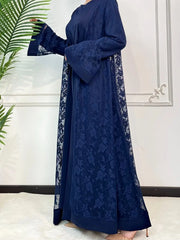 Women Muslim Arab Islamic Ramadan Two-piece Set  Belt Embroidery  Dress Kaftan Long Sleeves Open Stitch Cardigan