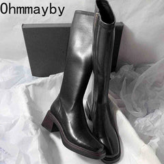 Vintage Thick Heel Women Knee High Boots Fashion Side Zippers Shoes Autumn Winter Ladies Concise Long Botas De Mujer Shoes