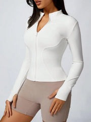 Women's Solid Color Zipper Turtleneck Sports Jacket, Long-Sleeved Sports Top, Gym Wear, Ladies' Sportswear for Indoor and Outdoo