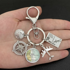 New ideas Earth plane keychain pendant earth compass personality memorial key ring gift for travel lovers