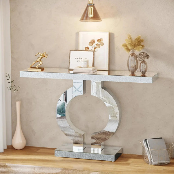 Tribesigns 43-Inch Modern Mirrored Console Table, Glass Sofa Table with Mirror Finish, Entryway Table with O-Shaped Base, Living Room Furniture