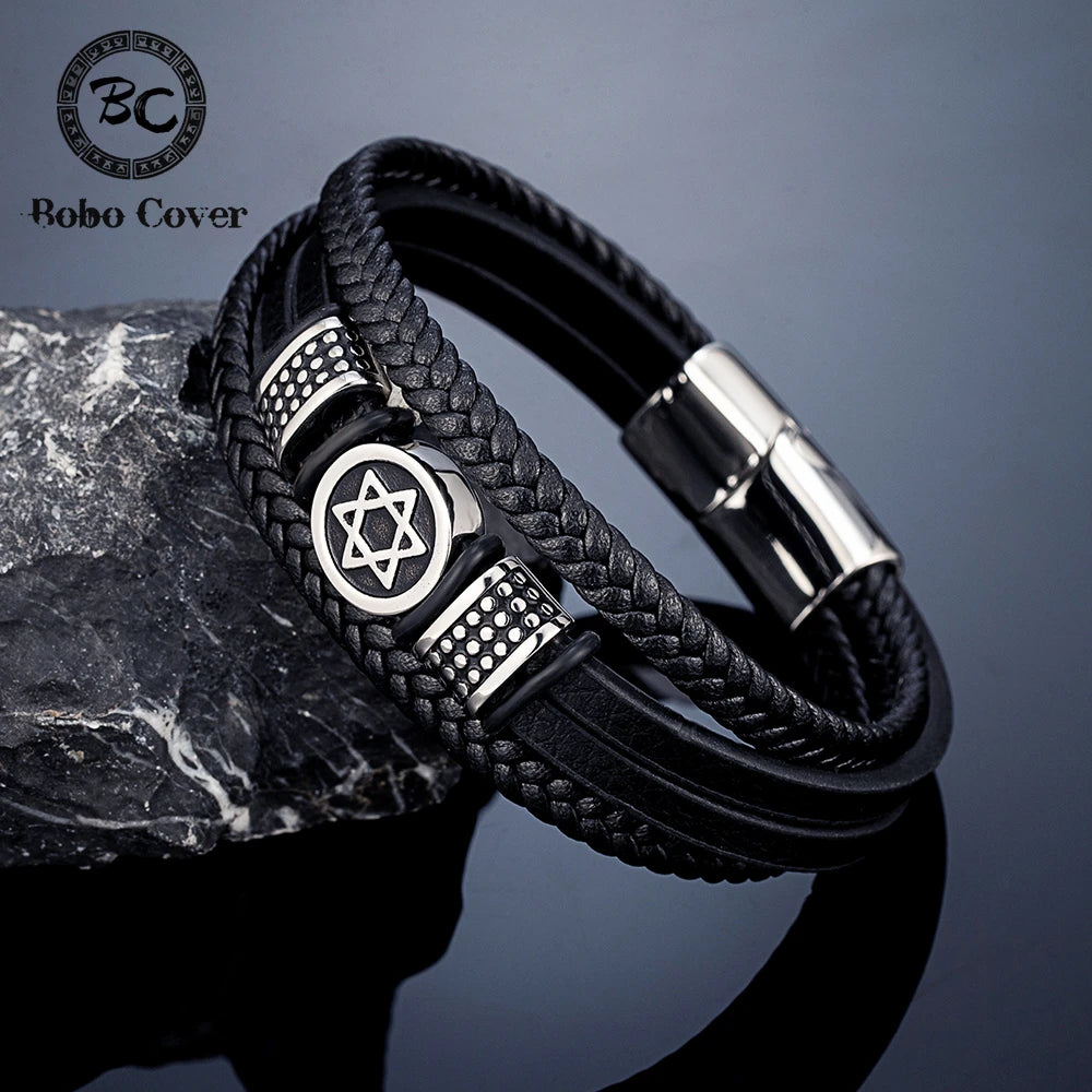 Retro Norse Hexagram Star of David Bracelet Men Stainless Steel Six Point Star Amulet Leather Wristband Religion Jewish Jewelry
