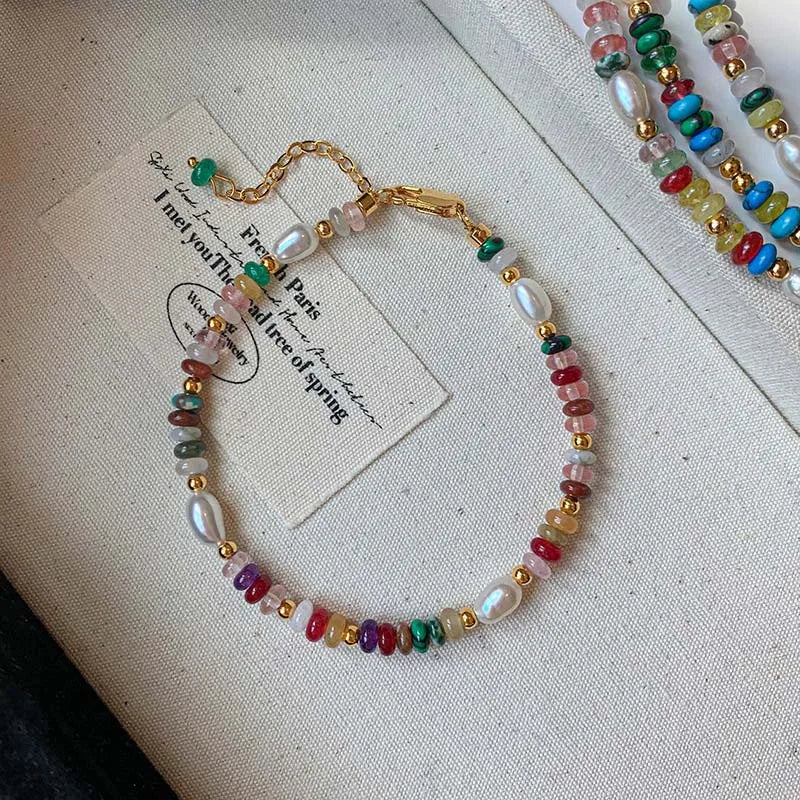 Colorful Beads & Freshwater Pearl Necklace – Retro Gold Clavicle Chain