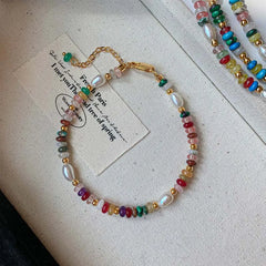Colorful Beads & Freshwater Pearl Necklace – Retro Gold Clavicle Chain