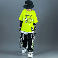 Kids Fashion Hip Hop Clothing Oversize Green Hoodie Streetwear Black Cargo Shorts For Girls Boys Jazz Dance Costume Clothes