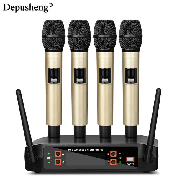 Wireless Microphone Golden Handheld 4 Channel UHF Fixed Frequency Dynamic Microphone For Karaoke Wedding Party Band