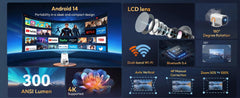 Xgody Gimbal 3 Pro Projector 4K Wifi6 Android Mini Beamer 300 Ansi Dual Wifi Bt5.4 1280*720P Home Theater Outdoor Portable