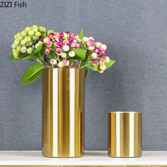 Gold-plated Brass Cylinder Vase Artificial Flowers Decorative Flower Arrangement Desk Decoration Minimalism Metal Floral Vases Home Decor