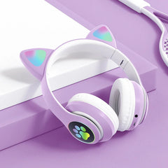 Flash Lamp Cute Cat Ears Headphone Bluetooth5.0 Stereo With Mic Support TF Card Wireless Kids Girl Earphone Birthday Gift