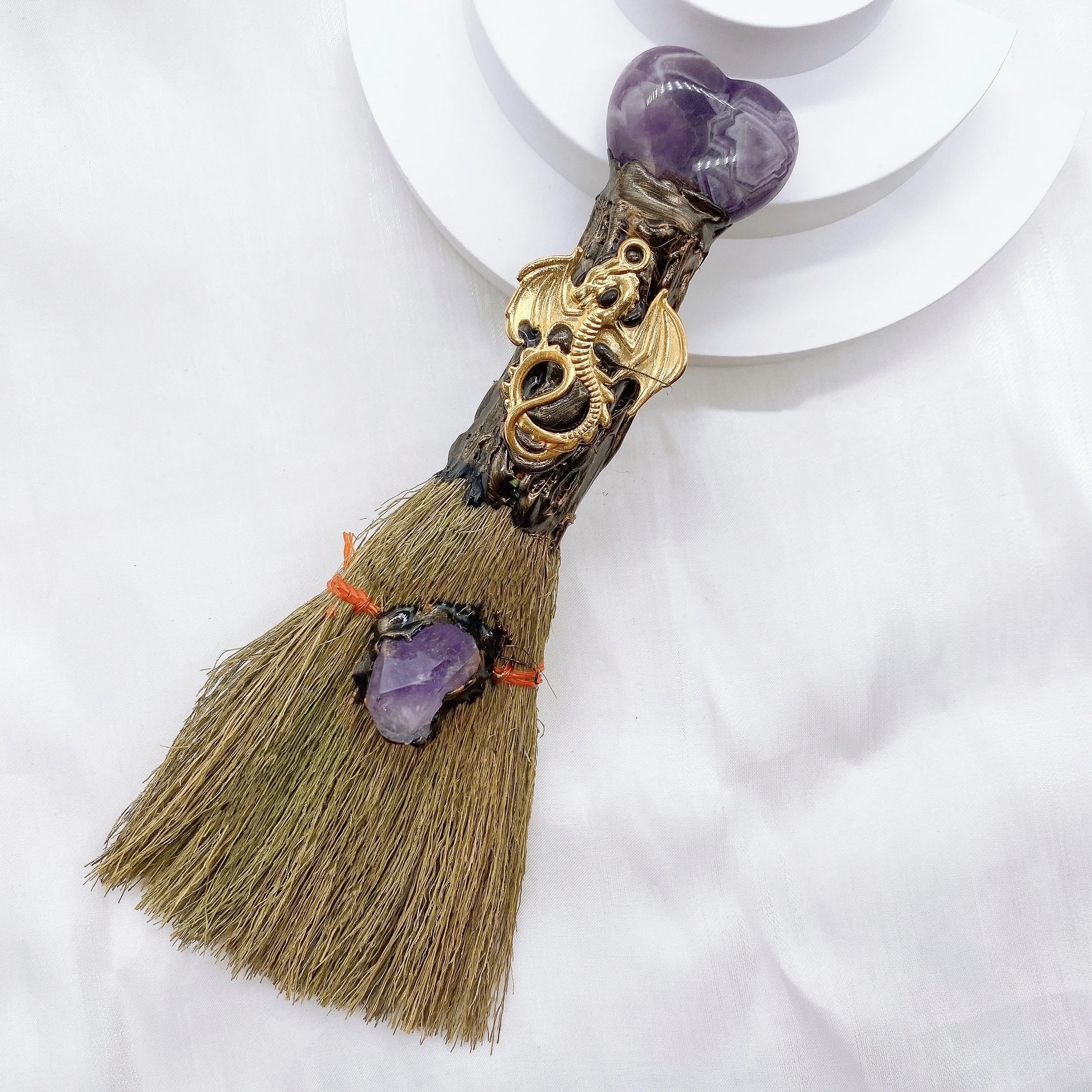 Natural Amethyst Crystal Love Heart Magic Broom Gem Crafts Home Decoration Reiki Healing Witch Broomstick Christmas Gift