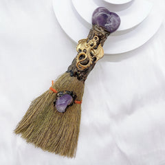 Natural Amethyst Crystal Love Heart Magic Broom Gem Crafts Home Decoration Reiki Healing Witch Broomstick Christmas Gift