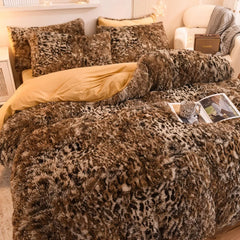 Modern Light Luxury Mink Velvet Leopard Print Duvet Cover and Pillowcase Set, Three-piece Set of Long Plush Soft and