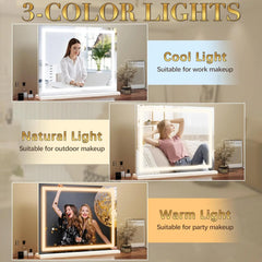 Contemporary Tabletop Vanity Compact Cosmetic Mirror with LED Light Strip-50x42cm, Large Hollywood-Inspired Rectangular Lighted