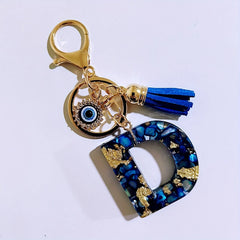 Blue Resin Initial Keychain - Evil Eye Letter Charm with Rhinestones & Tassel, Stylish Gift for Women, Lobster Clasp Accessory