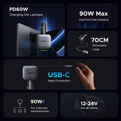UGREEN 145W 90W 60W Car Charger 3 USB-C & 1 USB-A Ports PD QC4.0 Fast Charging with Retractable Cable for iPhone 17 16 MacBook