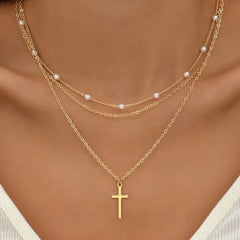 LATS Multilayer Pearl Cross Love Heart Pendant NecklaceGold Color Fashion Neck Chain Trend Jewelry