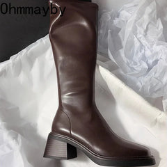 Vintage Thick Heel Women Knee High Boots Fashion Side Zippers Shoes Autumn Winter Ladies Concise Long Botas De Mujer Shoes