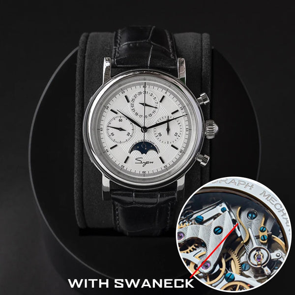 Sugess Men Watch ST1908 Swanneck Movement Mechanical Chronograph Wristwatch Genuine Moonphase Calendar Vintage Leather NEW 2023