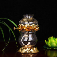 Golden Oil Lamp For Buddhist With Glass Windproof Cover Religious Items Home Alter Prayer Buddha Decoration